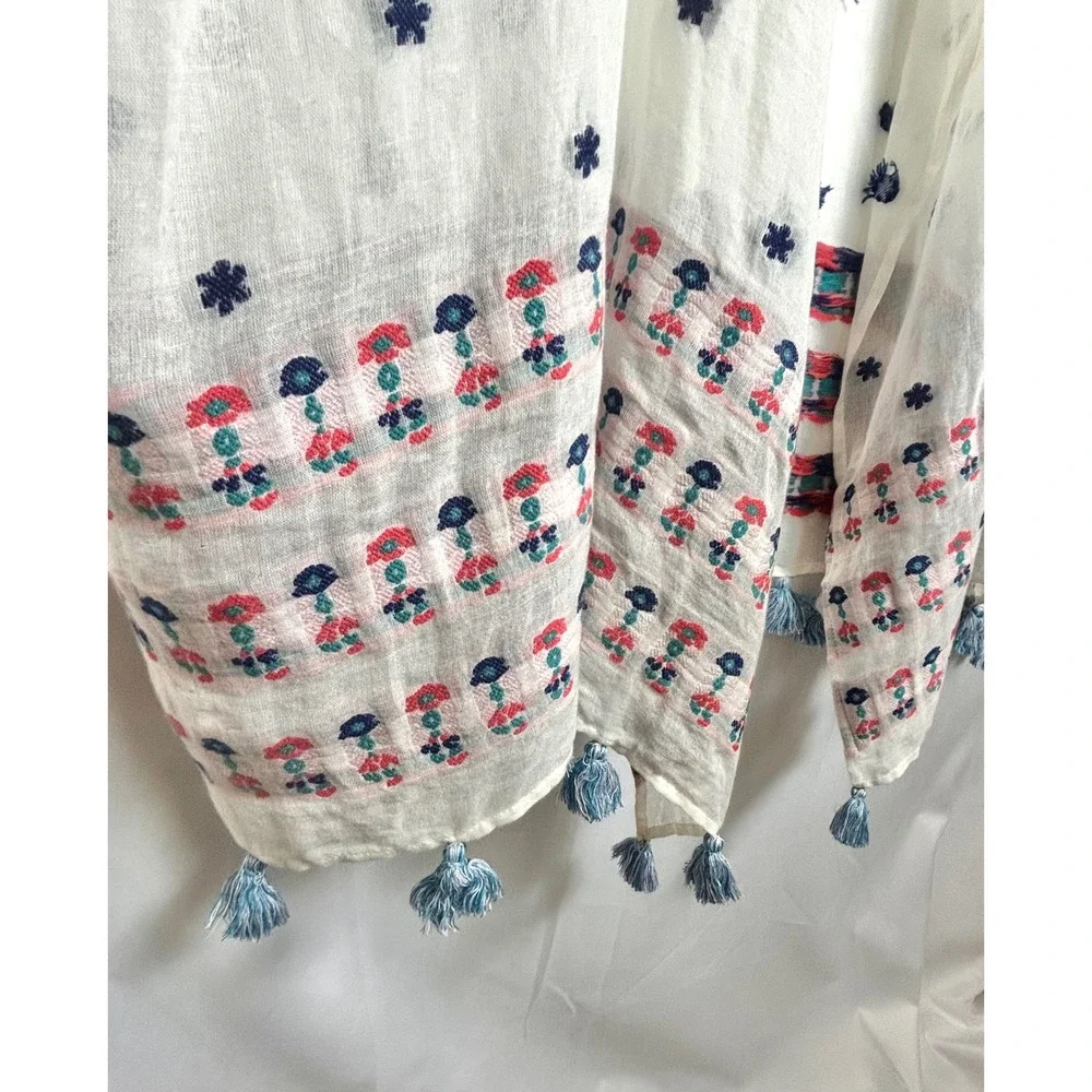 J.Crew Embroidered Tassel Kimono Wrap White Cotton Blend One Size Boho Coverup